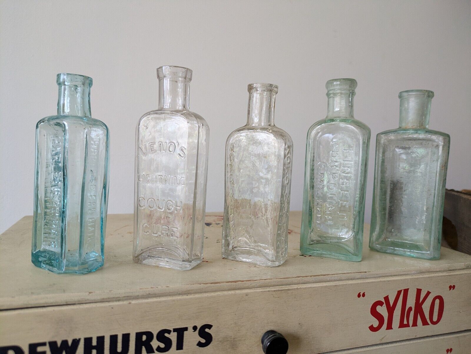 5x Antique Vintage Glass Bottles vase apothecary Cough Cure Koko Veno Hair Vgc