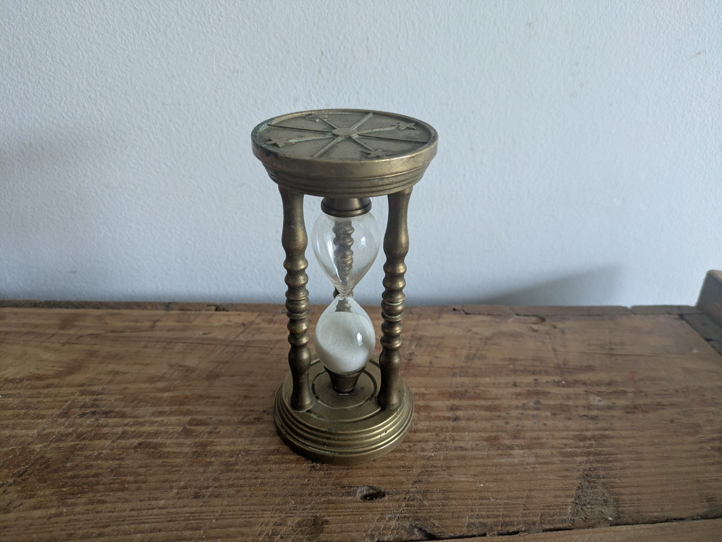 Vintage Brass Sand Hourglass - 5.5 Minute Egg Timer Nautical Star Motif Patina