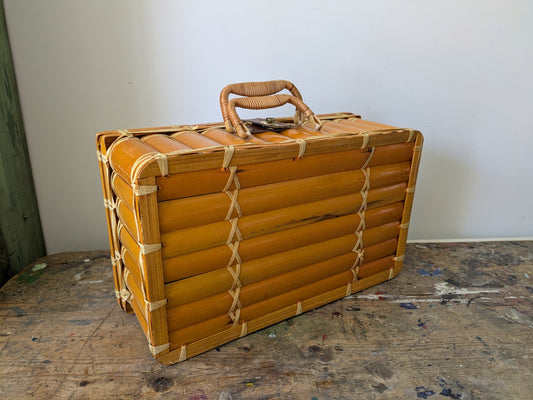Vintage Medium Sized Woven Bamboo Top Handled Storage Basket Bag Case Retro 50s
