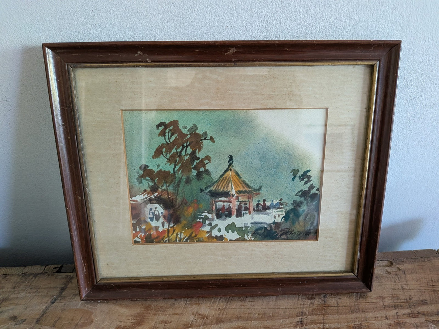 Vintage Traditional Chinese Asian Watercolour Framed Art Painting Pagoda Signed