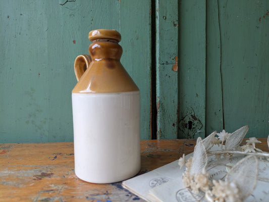 Vintage Stoneware Flagon With Thistle Detail Small Bottle Glazed Handle Stopper 