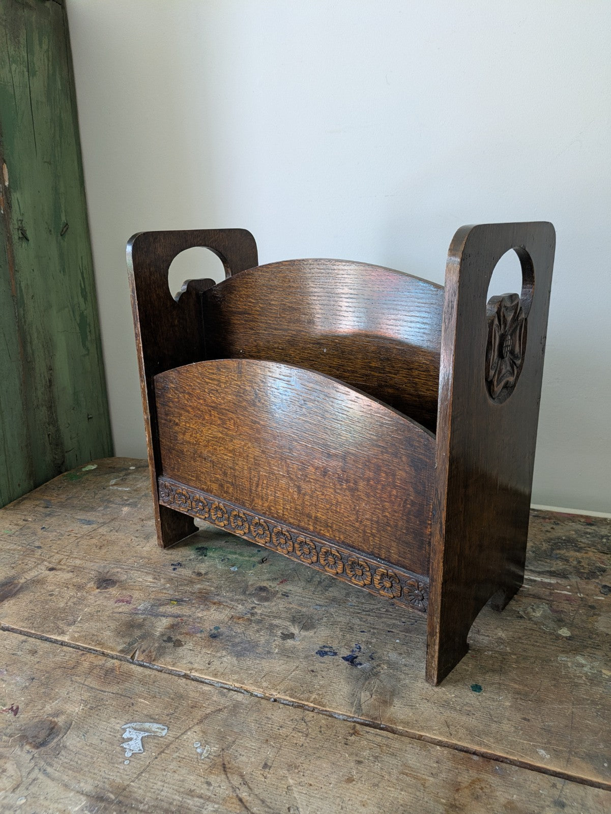 Antique Art Deco Oak Newspaper Stand 1930's Canterbury Carved Rose Magazine Rack