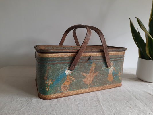 Vintage 1950s Retro Blue Tin Gift Basket Handles Wood Rare Nursery Decor Storage