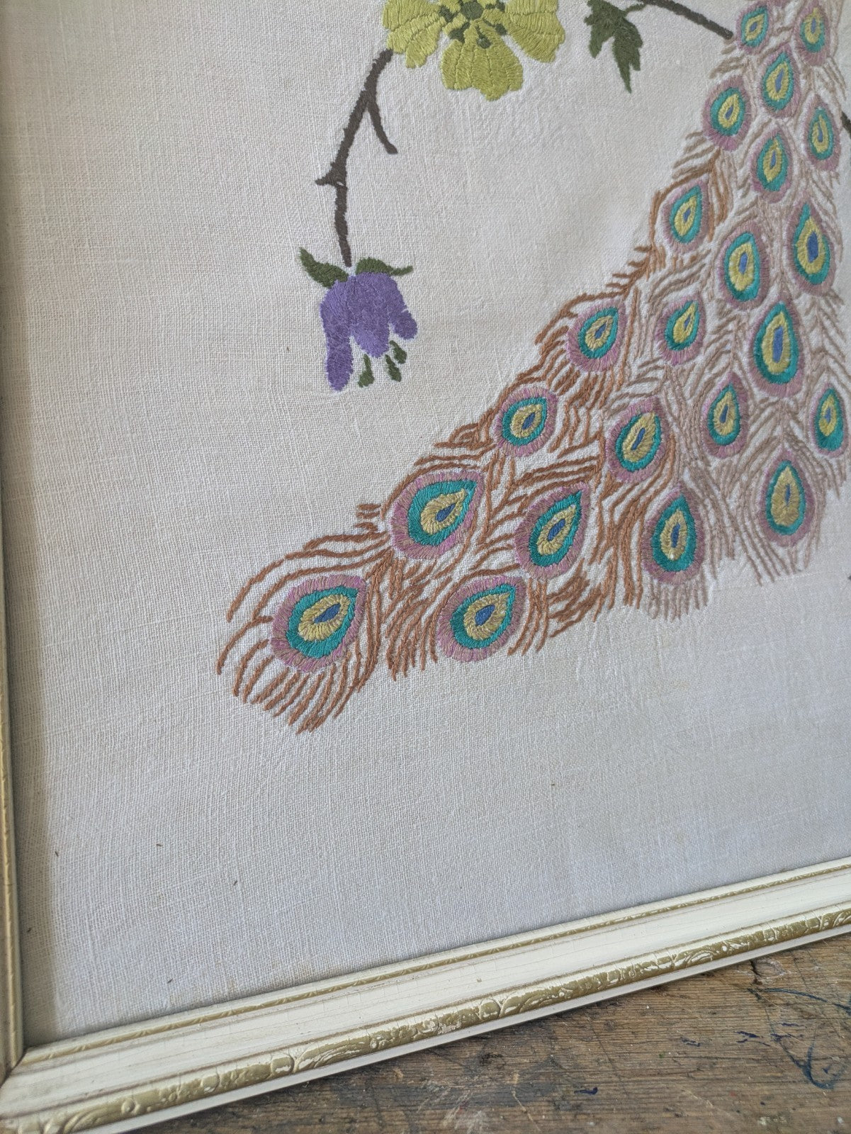 MID CENTURY FRAMED EMBROIDERY PEACOCK ON TREE BRANCH FLOWER LARGE VINTAGE RETRO