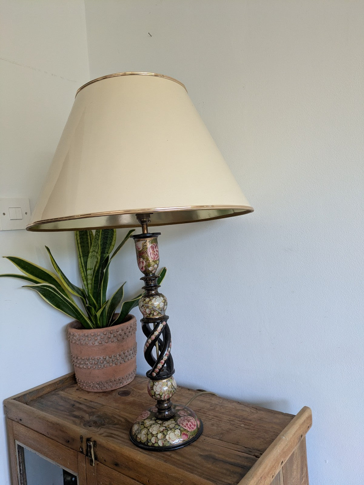 19th C Lamp Vintage Kashmiri Indian Lacquer Papier Mache Gilded Flower Cloisonne
