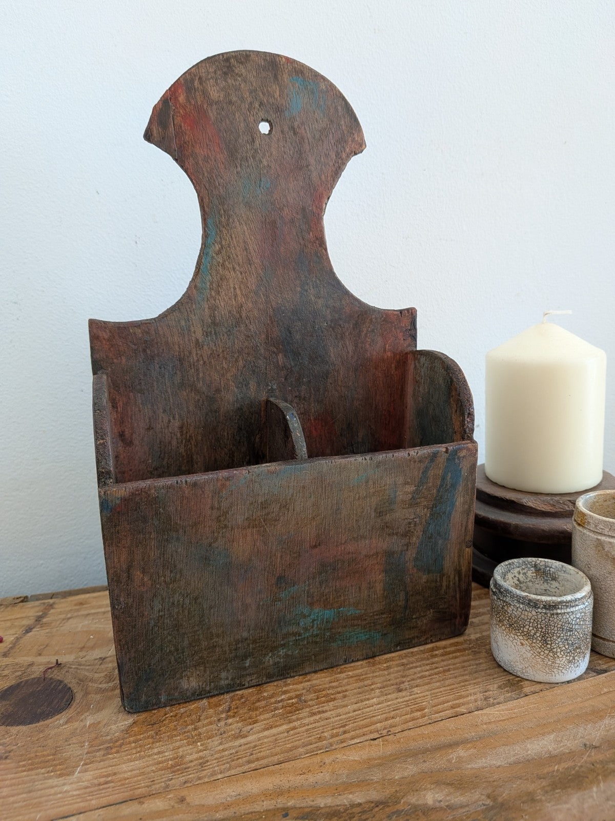 Rustic Wooden Country House Candle Box Wall Sconce Paint Brush Holder VTG Style 
