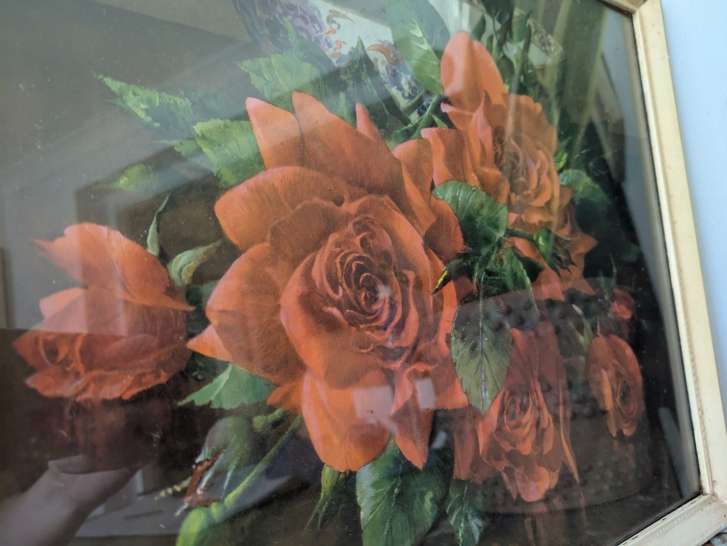 Vintage Kitsch Retro Frame floral bouquet PRINT original Landscape Red Rose Old