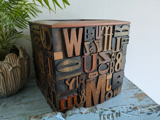 Large Vintage Antique letterpress wooden Printing Blocks Mosaic Planter Pot Bin 