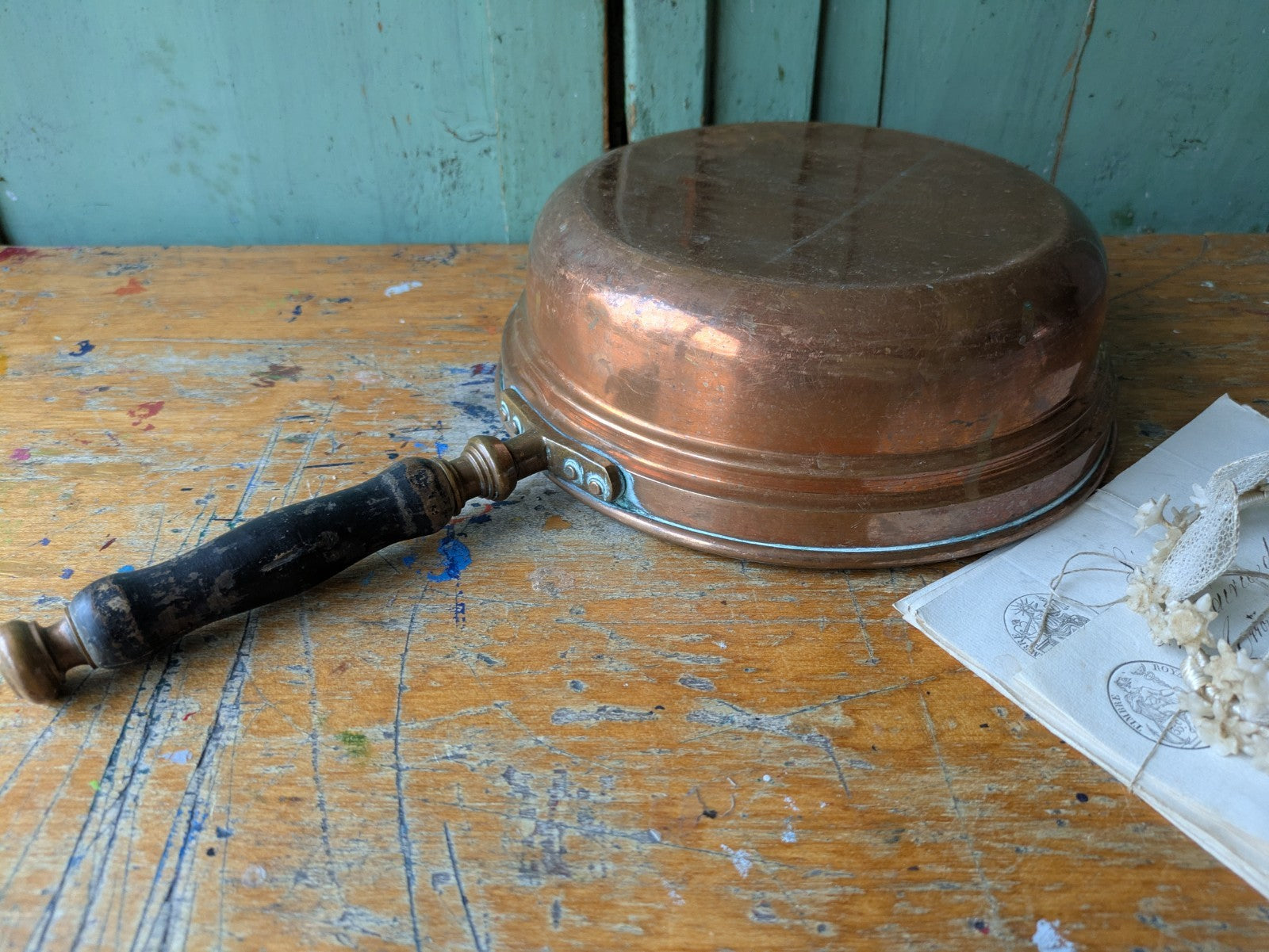 Antique Rare Vintage Nader Copper Pan with Tinned Lining & Wooden Handle Frying