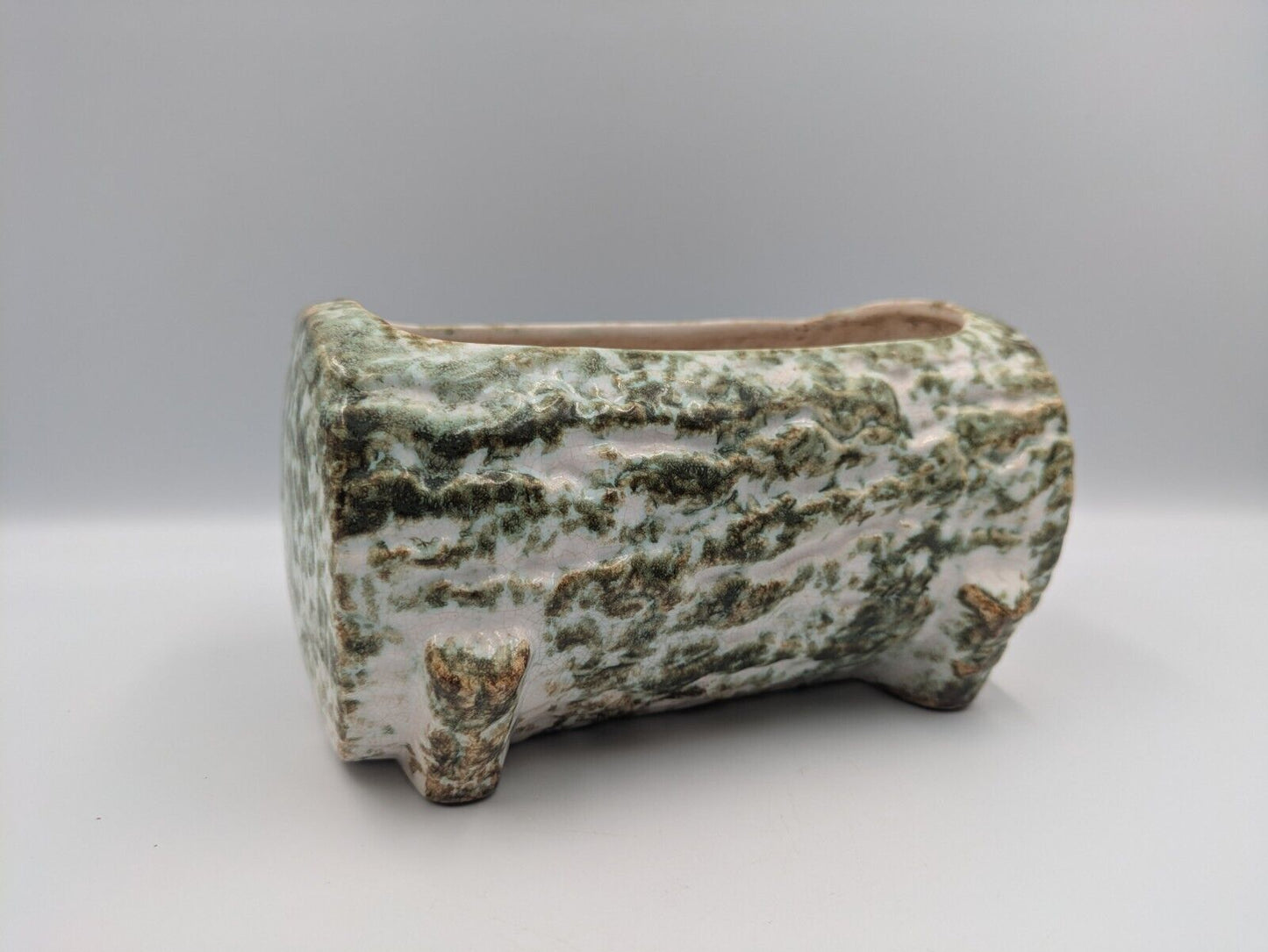 Tree Bark Green Pottery Figural Woodland Glaze Log Planter Vintage Retro Mantle