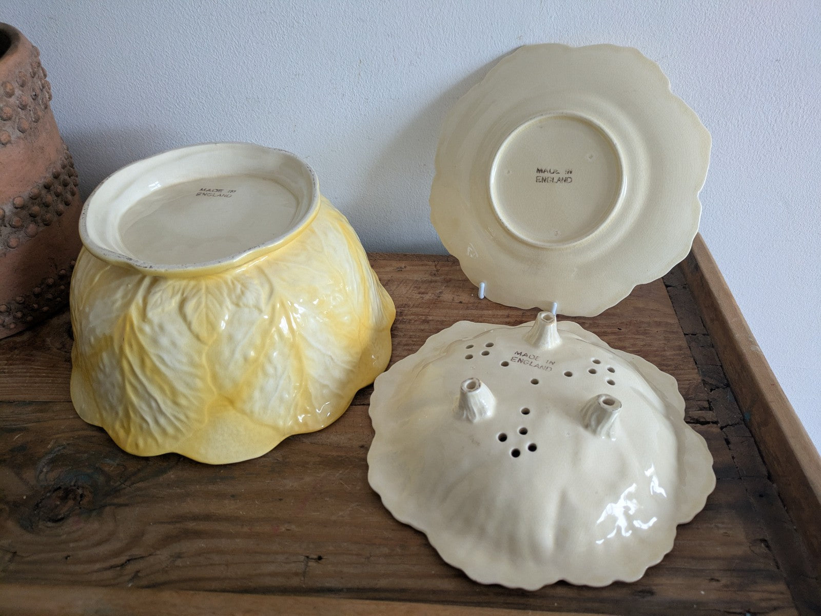 Falcon Ware Yellow Fruit Bowl Leaf Plate Painted Fruits Spring Art Deco Sieve