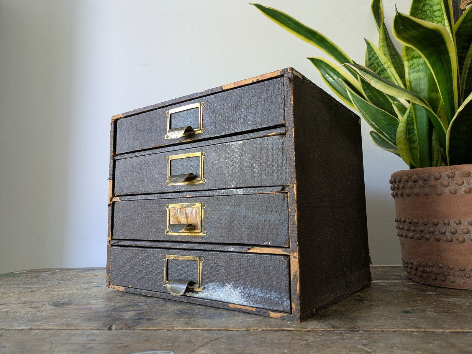 Vintage 4 Drawer Stationary Drawers Box Display Cabinet Industrial Office Desk.