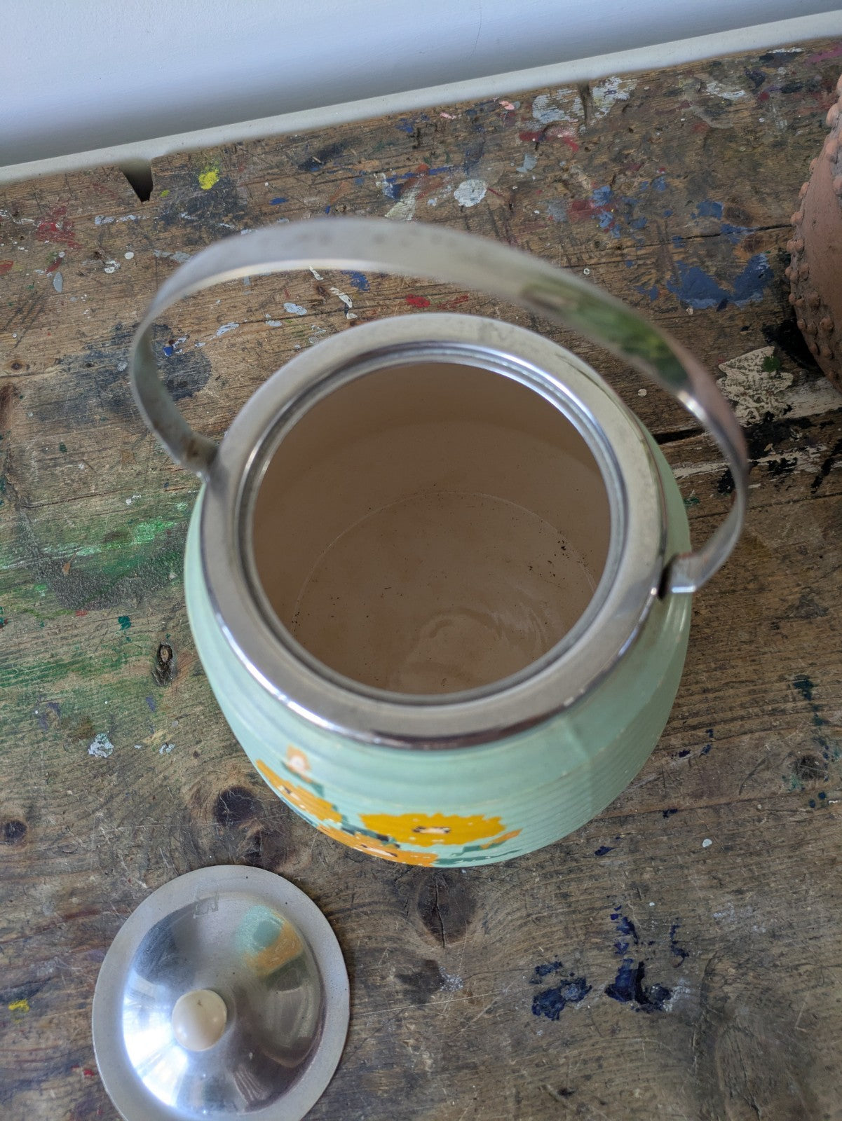 Vintage 1940s Brentleigh Ware Bramley Pottery Biscuit Barrel Chrome Lid Handle