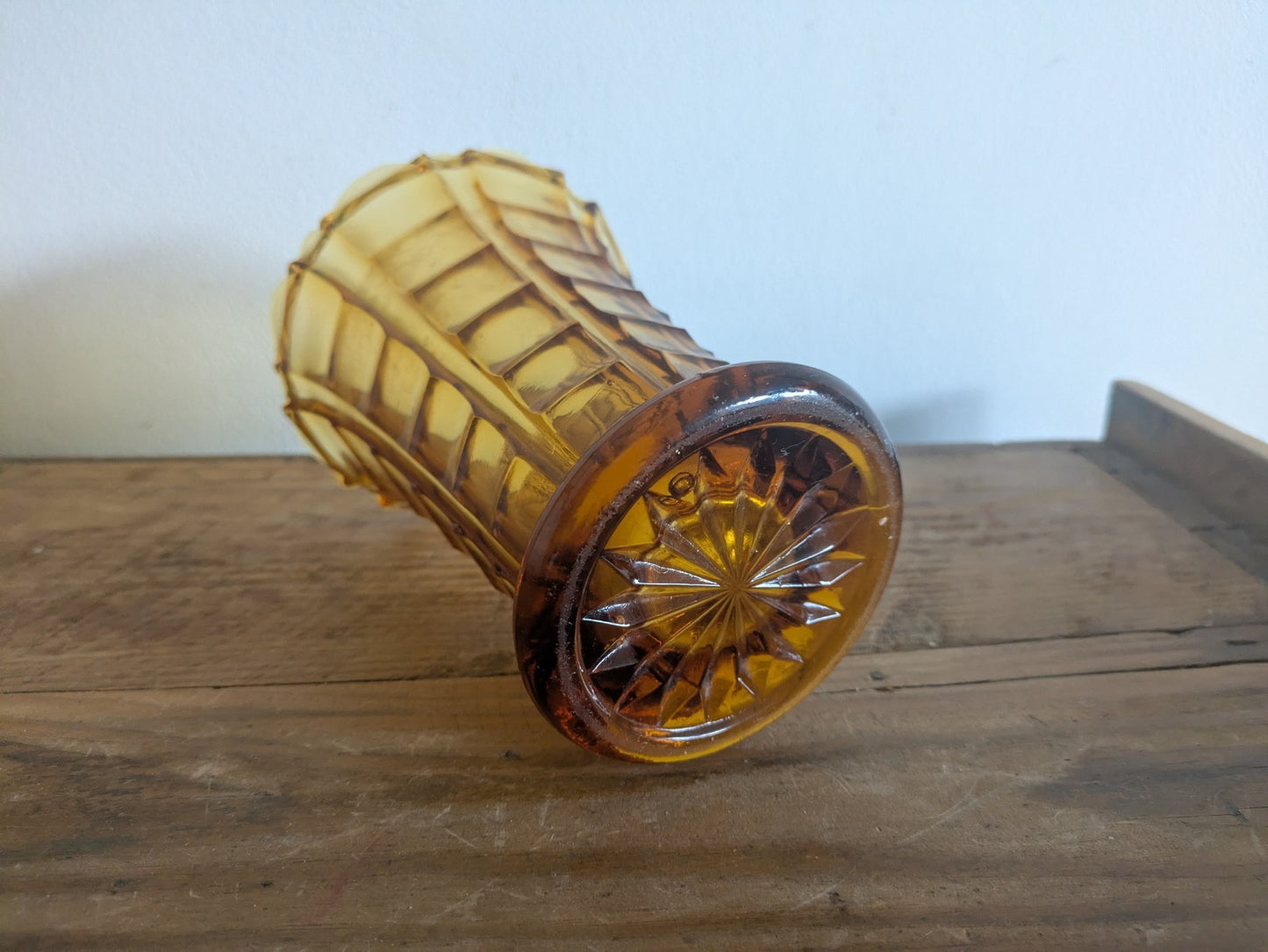 Vintage Art Deco Fluted Amber Glass Flared Vase Heavy Yellow Flowers Mantle Old