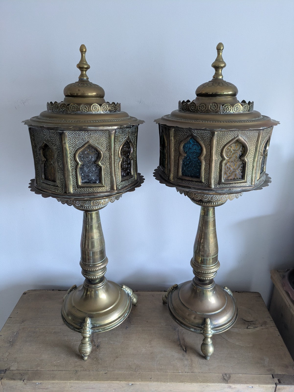 VTG Moroccan Brass Floor Lamps Stained Glass Gothic Original Pair Lights Props 