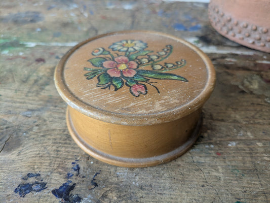 Wooden Circular Lidded Pot Visnar Yugoslavia Jewellery Vanity Trinket Floral Vtg
