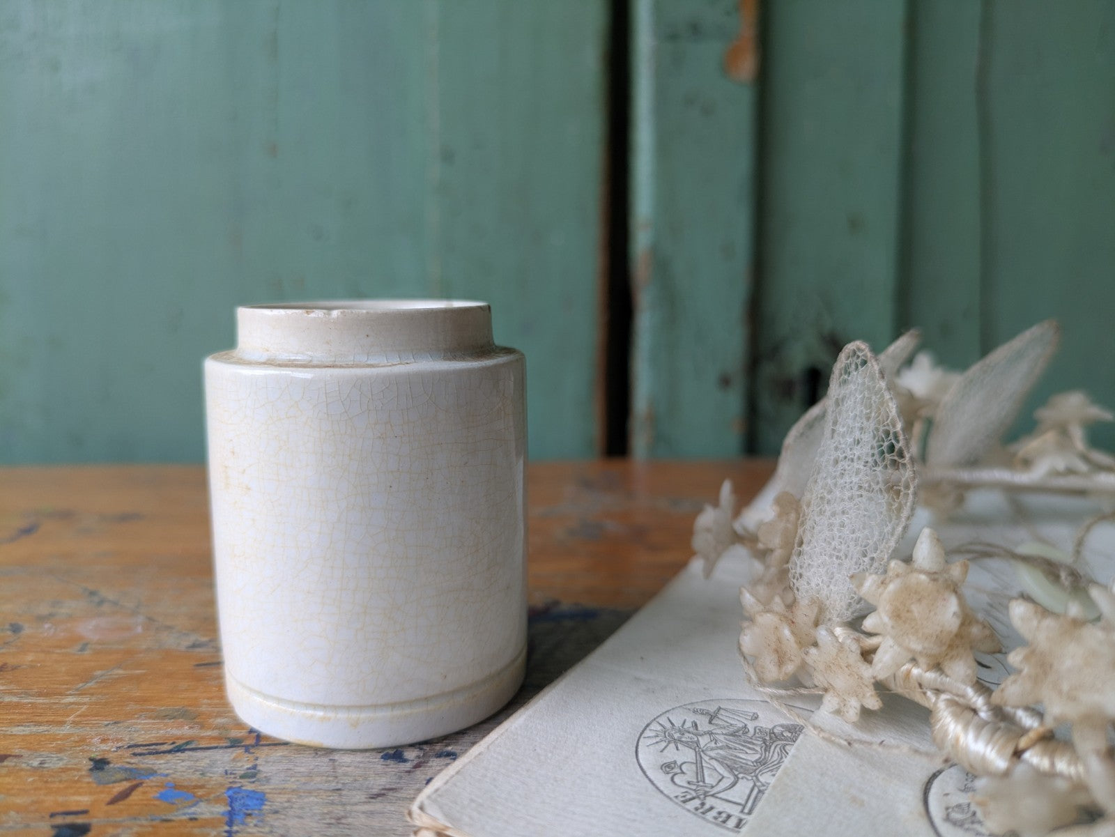 French Vintage Antique Printed Ironstone Ointment Pot Lid Cream Jar La Reine 