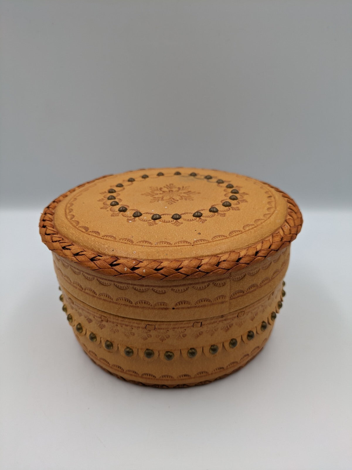Vintage 1970s Leather Round Keepsake Trinket Box Hand tooled Handmade Sewing Vgc