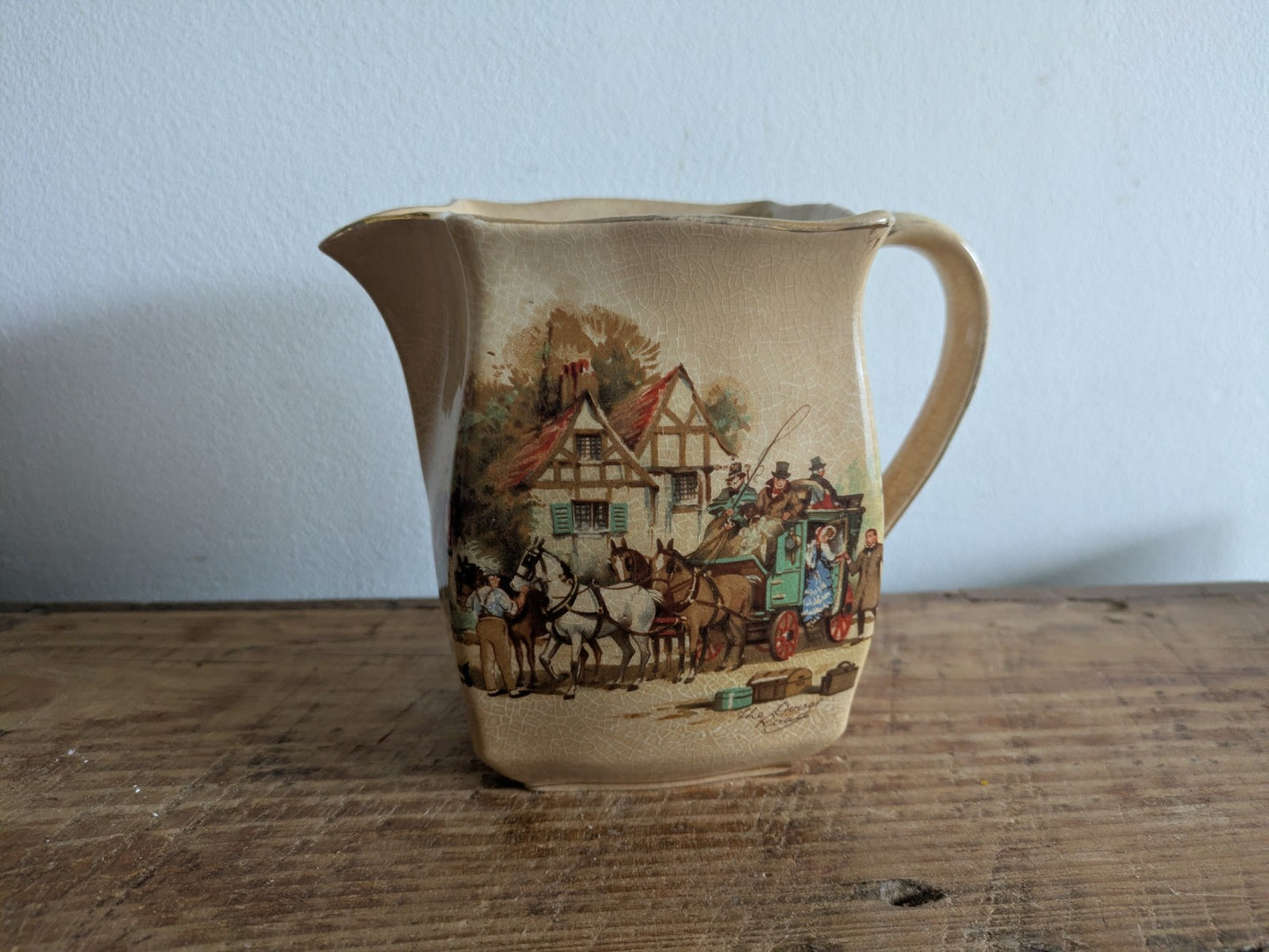 Vintage Falconware Jug ‘The Dover Road’ England Horse Coach Pub Crazed Buttery