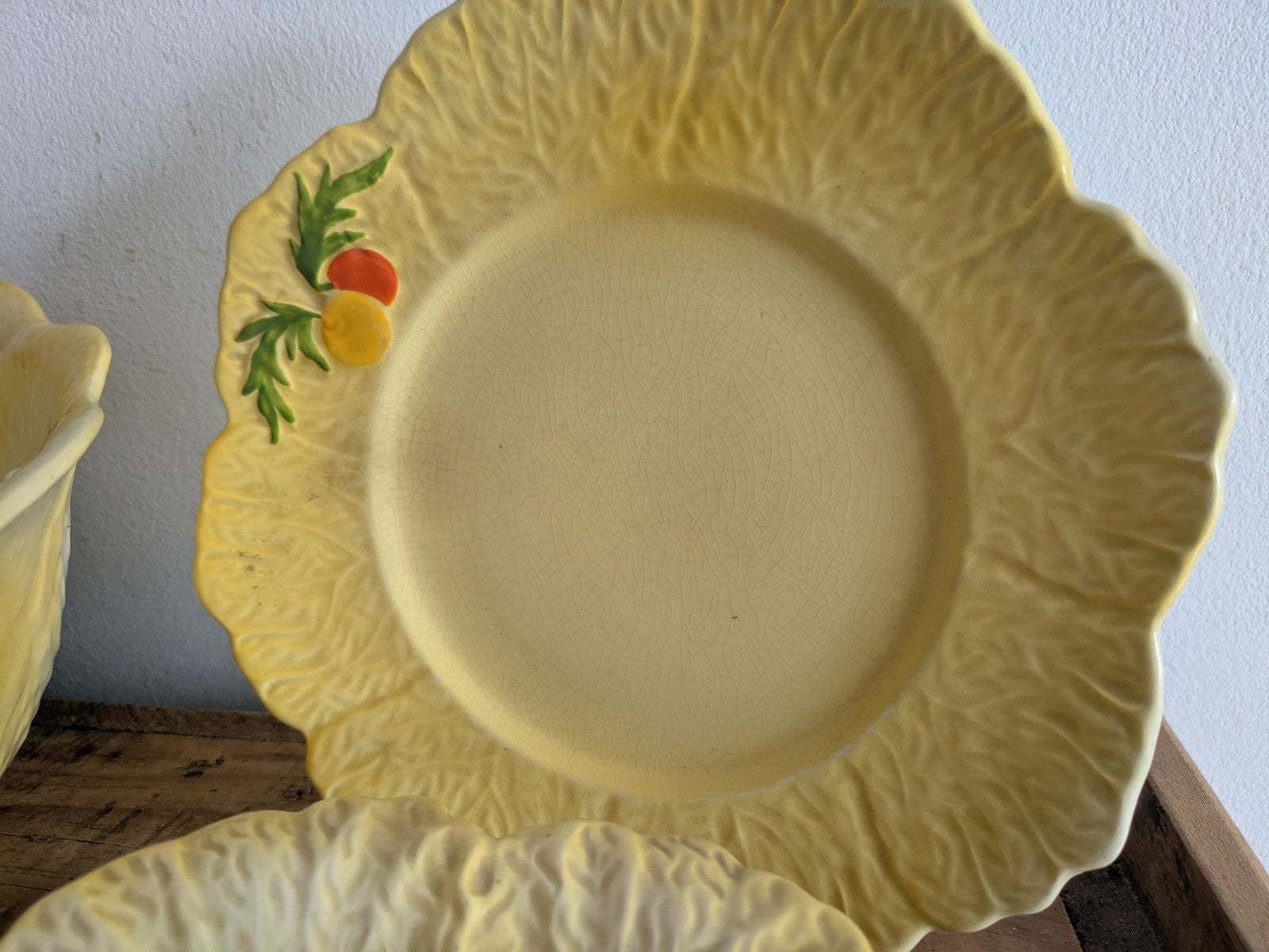 Falcon Ware Yellow Fruit Bowl Leaf Plate Painted Fruits Spring Art Deco Sieve