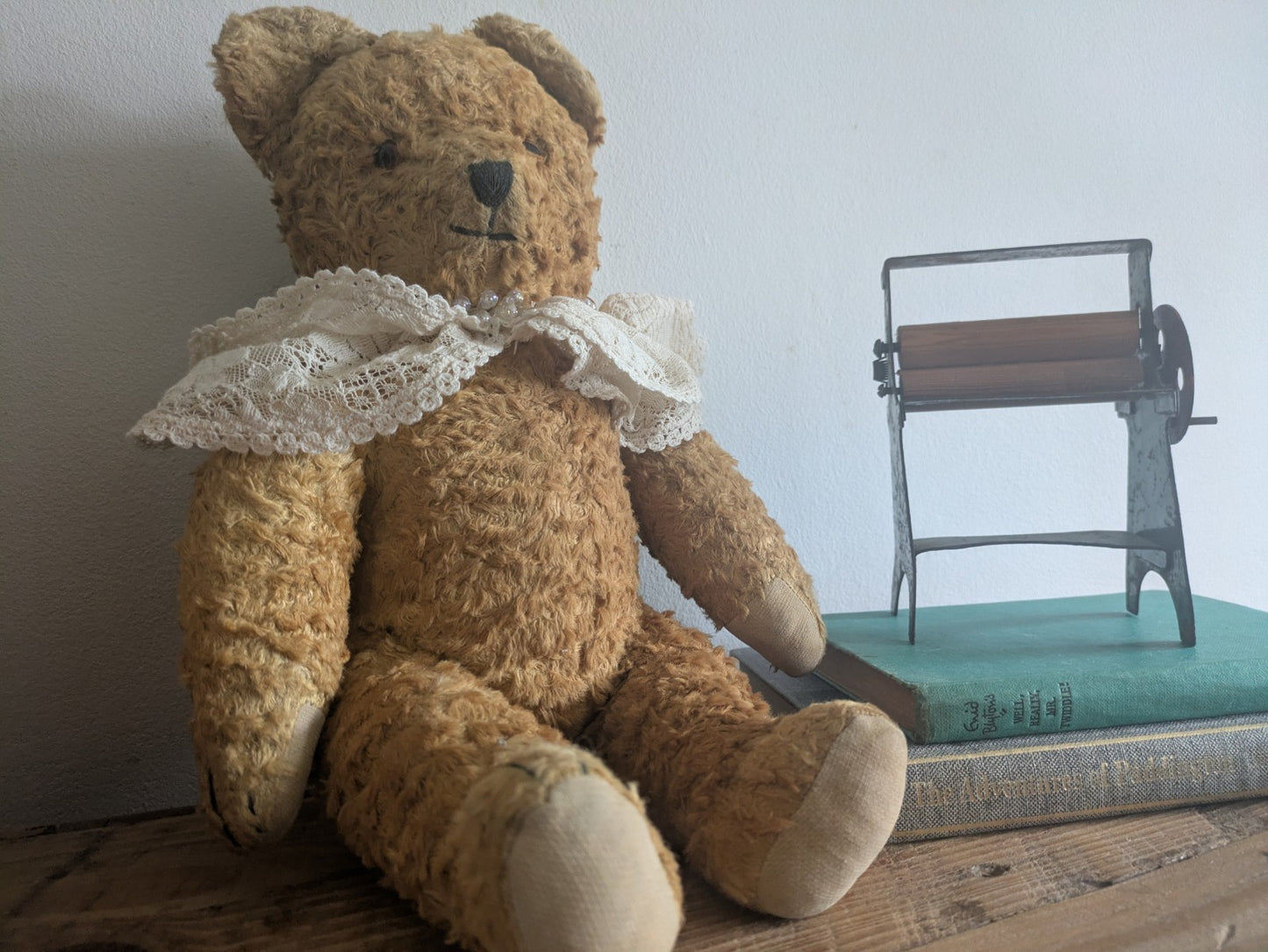 Antique Vintage Teddy Bear Straw Mohair  Articulated Jointed Toy Collar Prop Vgc