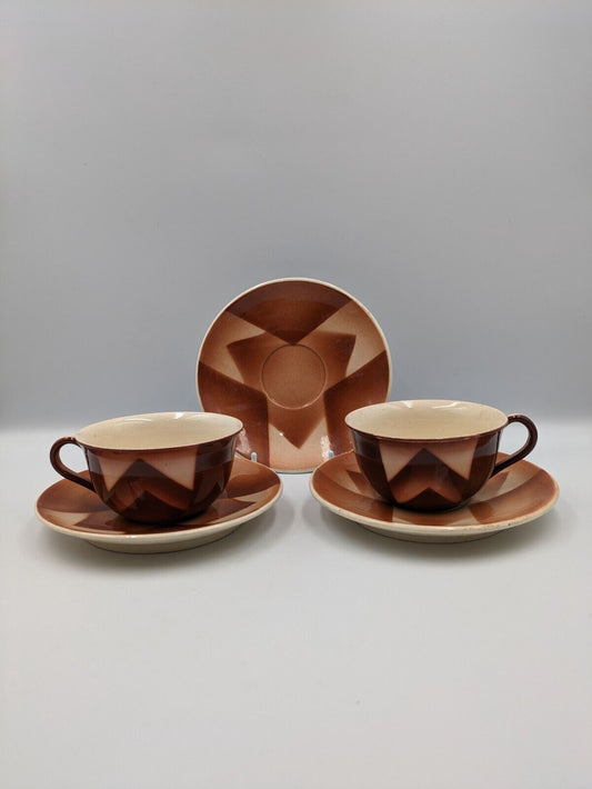 2x 1920s West German Waku Feuerfest Keramik Coffee Cups Saucers Art Deco Antique