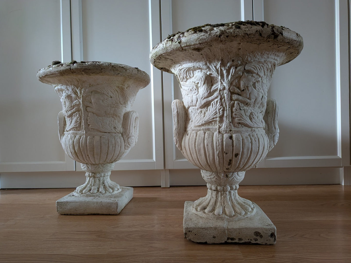 Pair Reclaimed Classical Medici Garden Urn Planter Cast Stone Handles Weathered