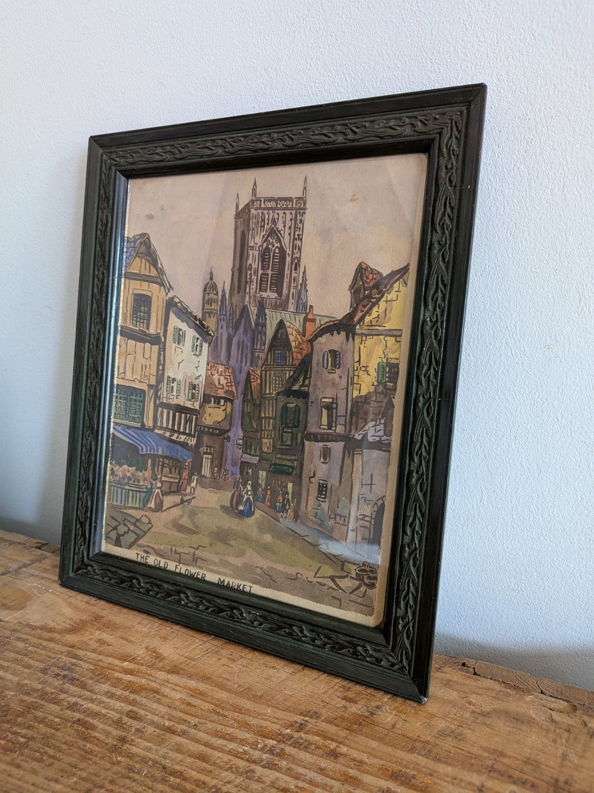 Antique Artist Signed Watercolour Old Flower Market Ornate Frame Green Original 