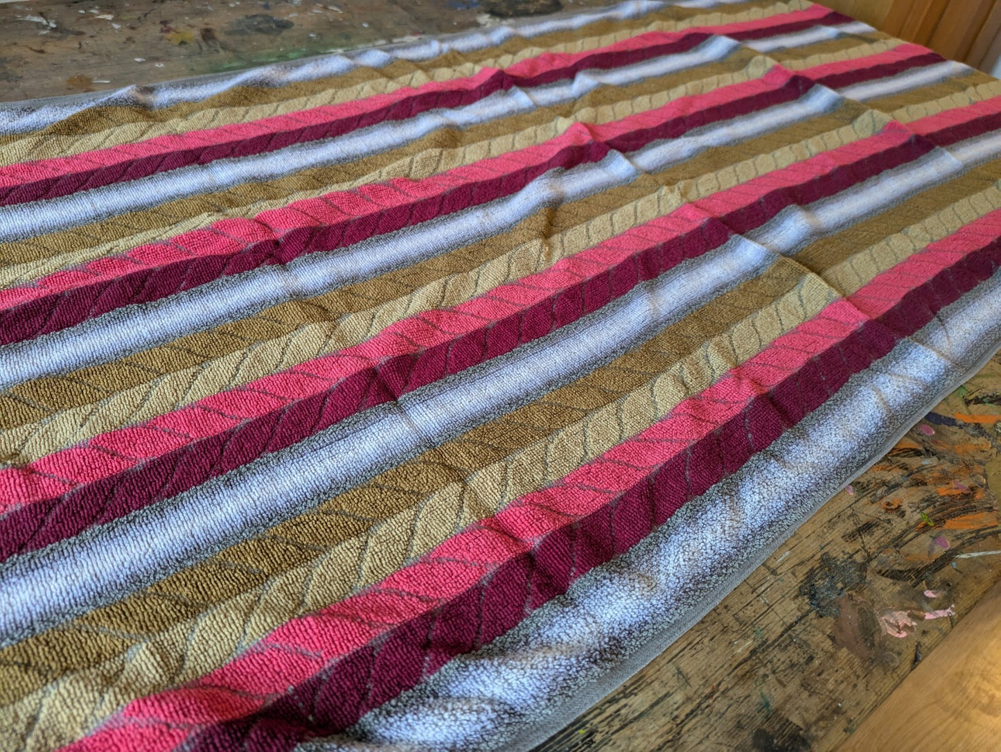 1 Vintage Towel Stripe Grey Red Retro Hand bathroom prop Midcentury Cotton Old