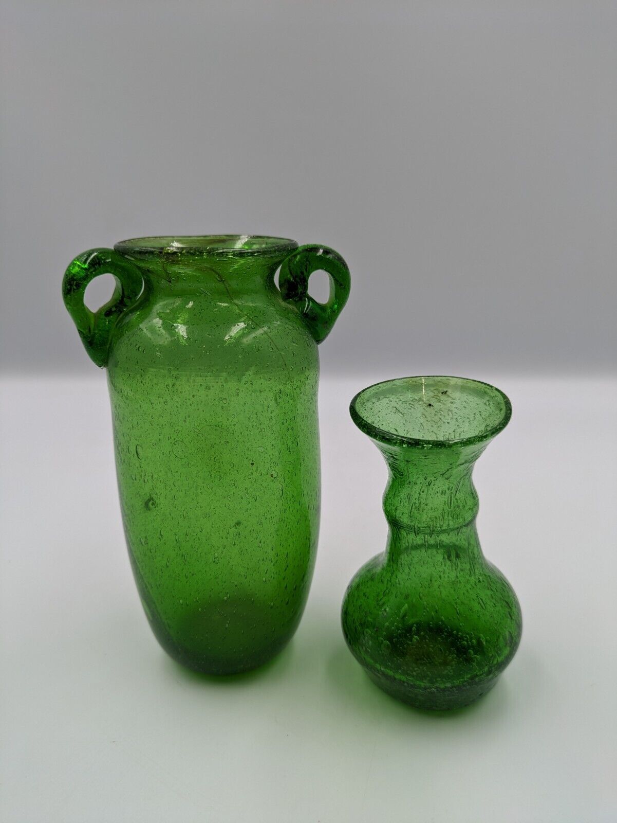2x Vintage Emerald Green Bubble Glass Miniature Windowsill Vases Hand blown Rare