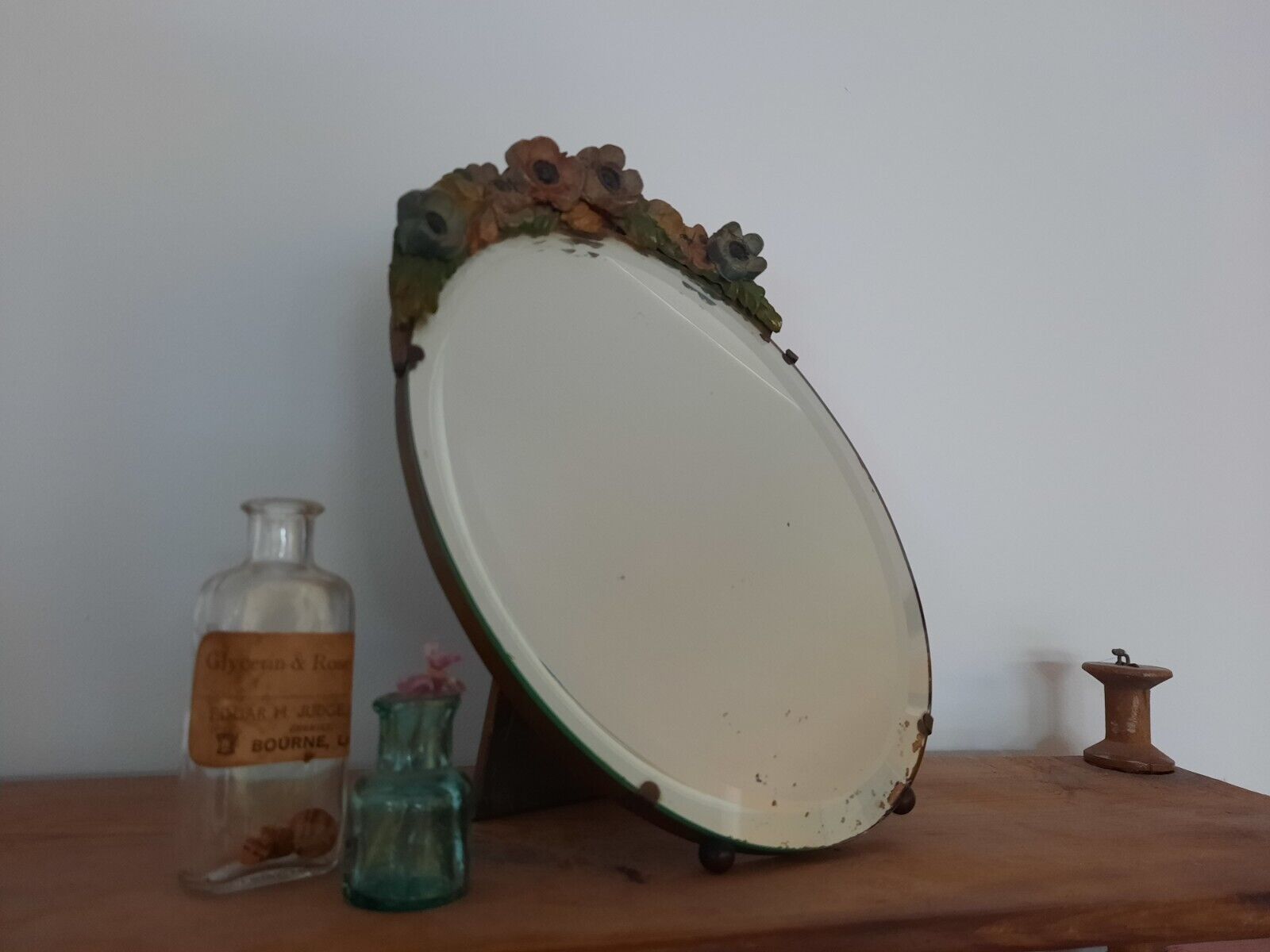 Vintage Barbola Mirror Circa 1920s 1930s art deco floral antique oval bevel edge