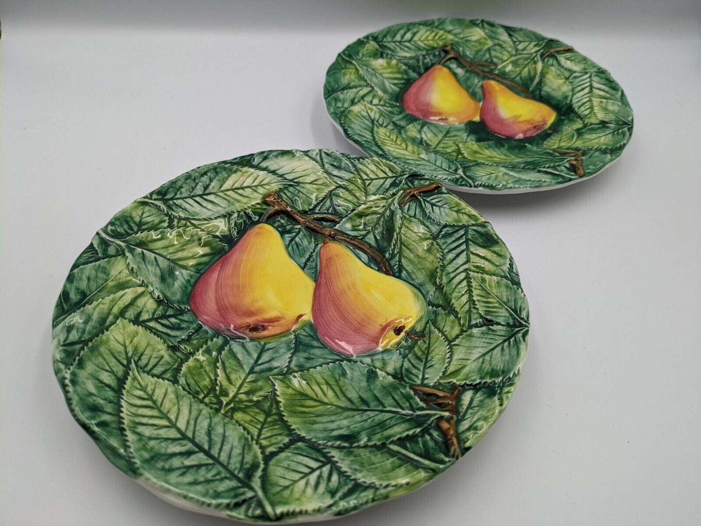 2x Neiman Marcus Majolica Fruit Plates Made in Italy Decorated Leaf Pear Side