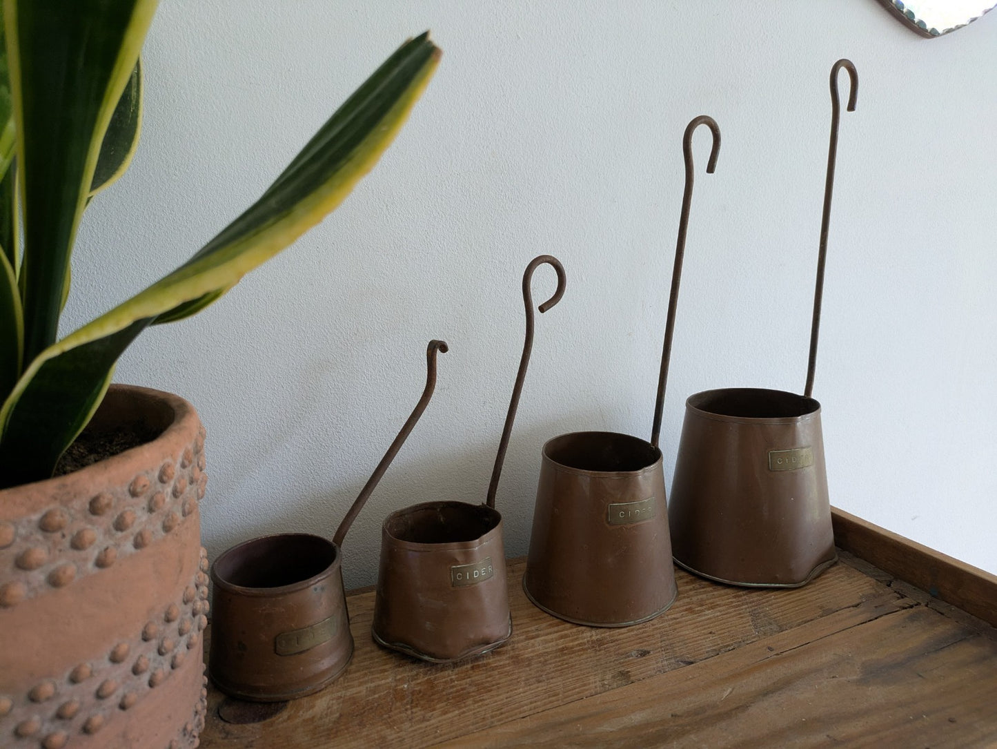 Antique Set of 4 Copper Cider Measures Long Iron Handled Ladles Jugs Cups Vintag