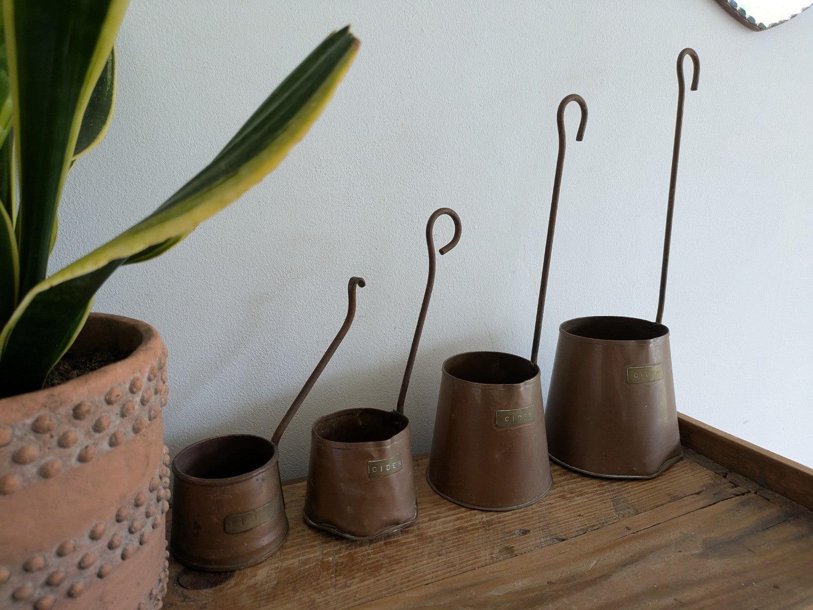 Antique Set of 4 Copper Cider Measures Long Iron Handled Ladles Jugs Cups Vintag