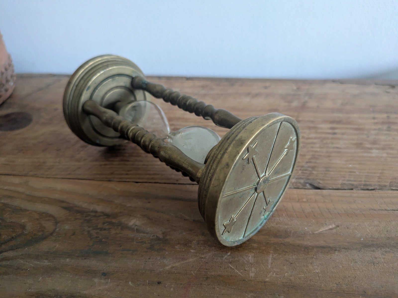 Vintage Brass Sand Hourglass - 5.5 Minute Egg Timer Nautical Star Motif Patina