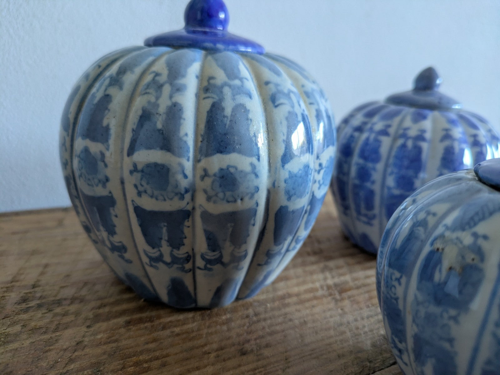 Set of 3 Chinoiserie Blue and White Porcelain Pumpkin-Shaped Ginger Jars Trio 