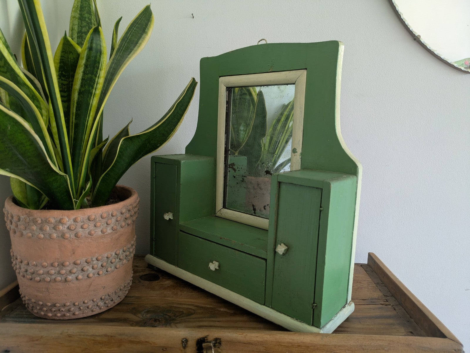 Antique Romanian Art Deco Wood Table Vanity Mirror Drawers Green Cupboard Wall