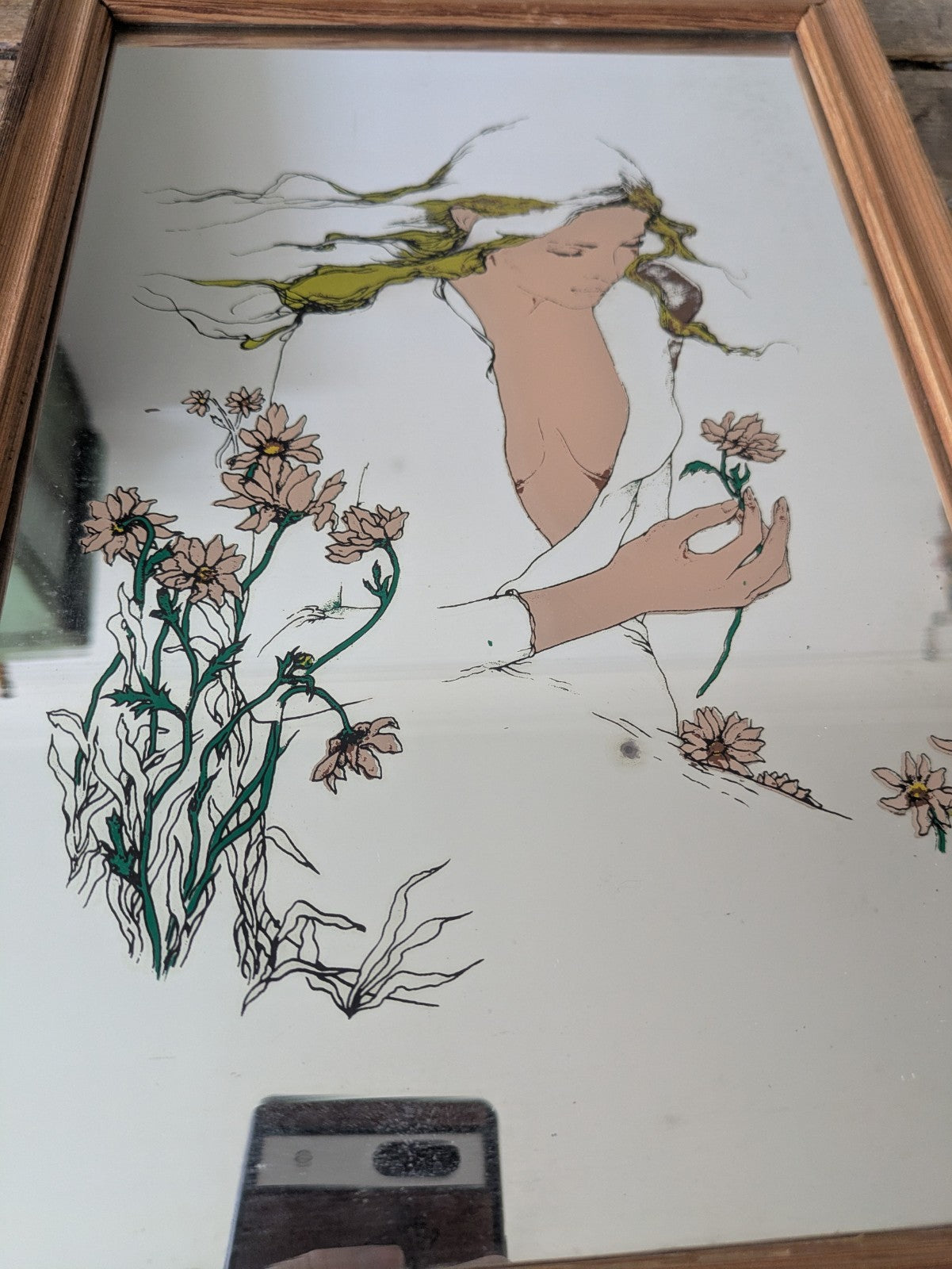 70s Art Mirror Vintage Susan Obrant She Loves Me Art Nouveau Style Retro Rare