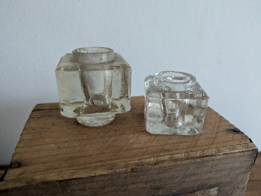 2x Antique Glass Ink Well Desk Study Display C.1900 Prop Edwardian Cube Pair Old