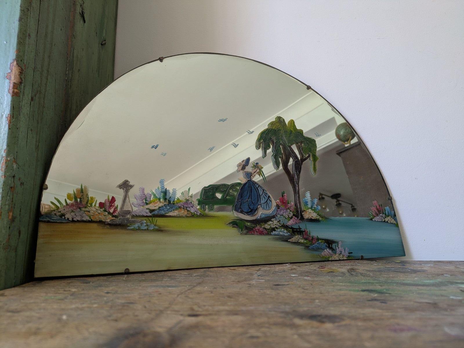 Vintage Art Deco Hand Painted Bevelled Wall Mirror Crinoline Lady Spring Garden