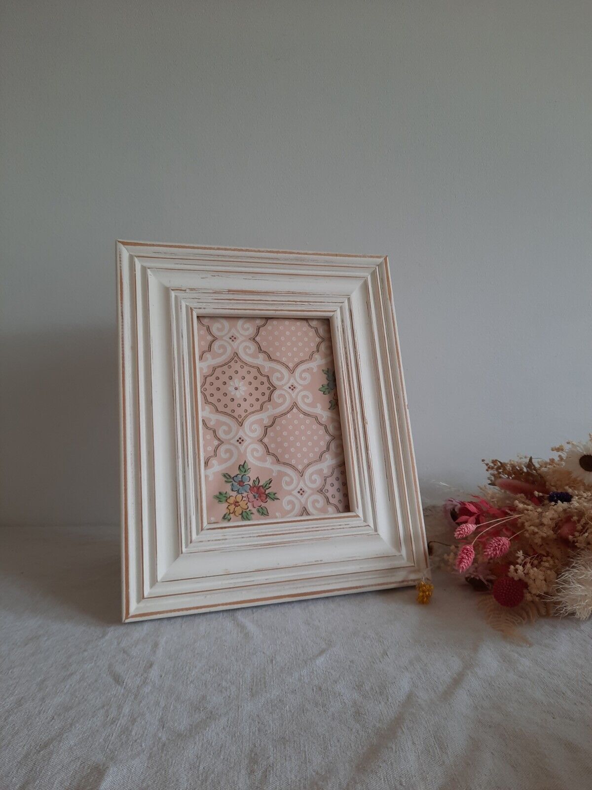 Floral picture Frame Wallpaper Sample gift framed Rare French Vtg Original Pink