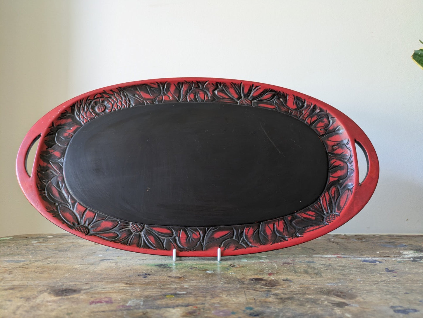Japanese Obon Tray Lacquer Vintage Kamakura Tradition Carved Large Rare Floral!