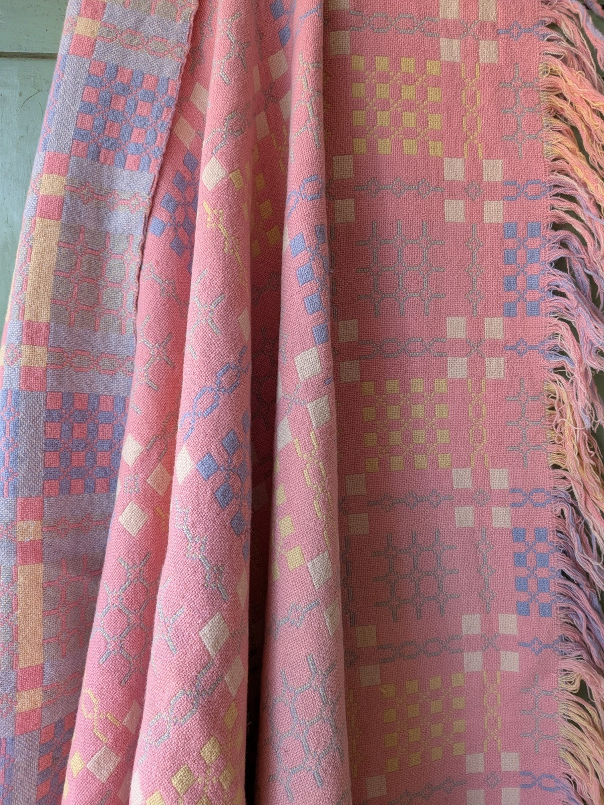 Welsh Wool Tapestry Blanket Throw Pink Blue Reversible Double 227cm x 156cm Vtg
