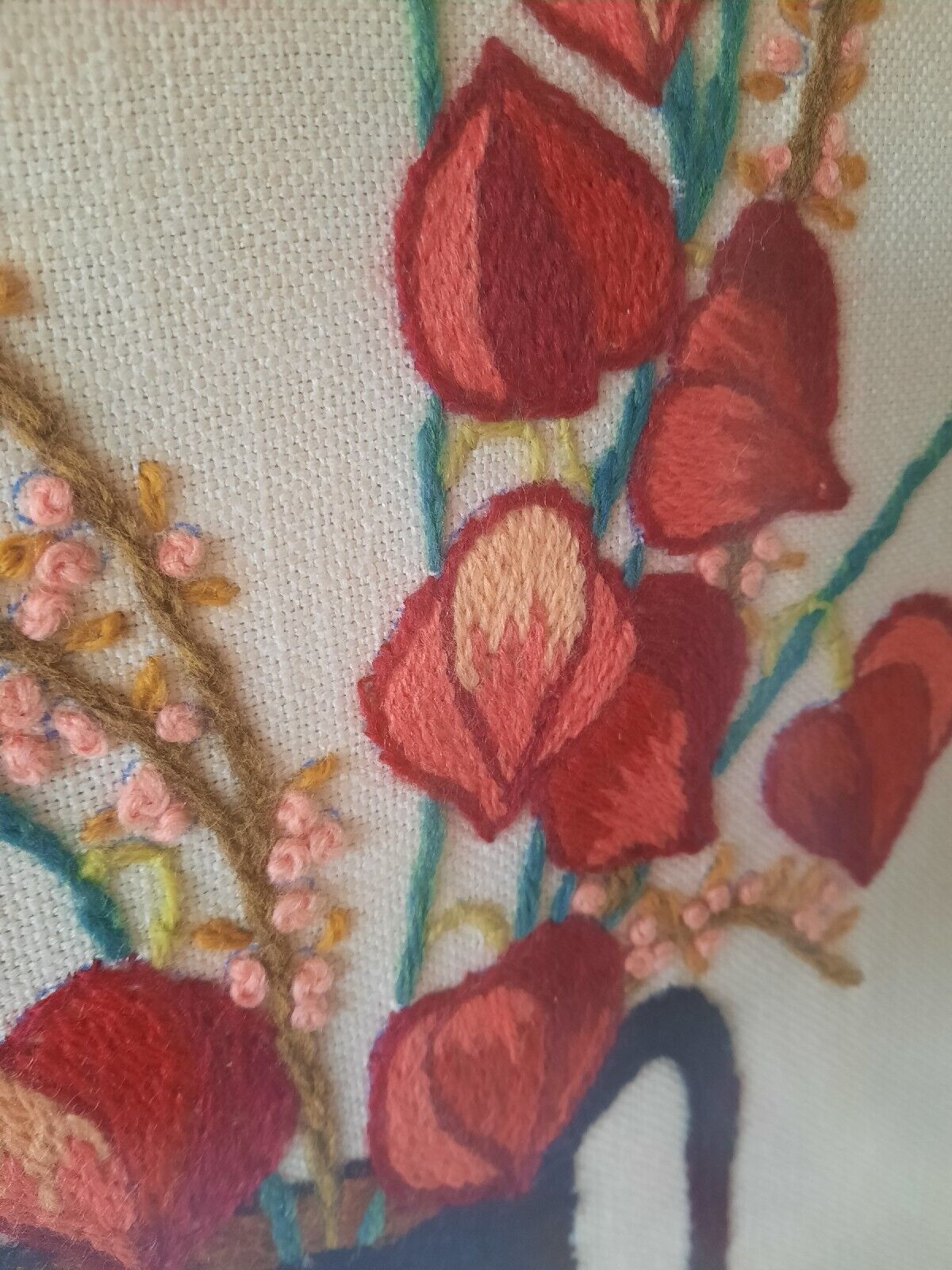 Large Retro Mcm Vintage Framed Floral Flowers Embroidery German Vase 70s Appliqu