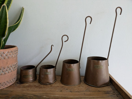Antique Set of 4 Copper Cider Measures Long Iron Handled Ladles Jugs Cups Vintag