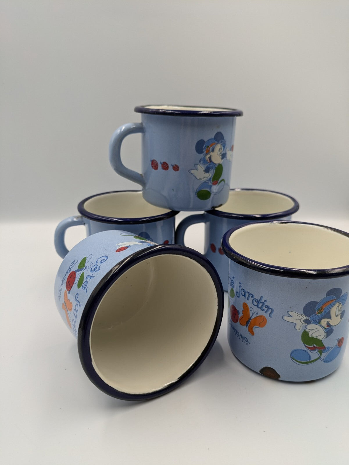 5x Disneyland Paris Mickey Mouse Mugs Camping Collectible Vtg Côté Jardin Blue