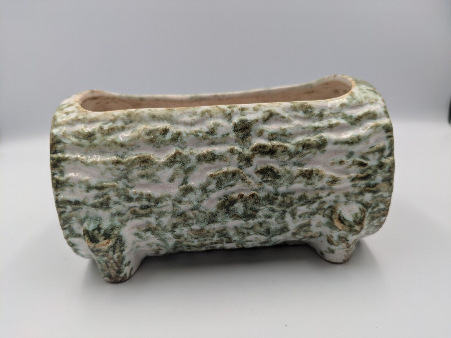 Tree Bark Green Pottery Figural Woodland Glaze Log Planter Vintage Retro Mantle