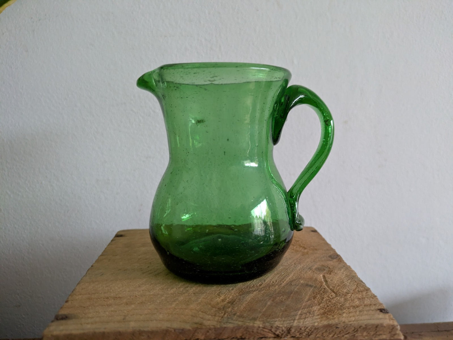 Vintage Emerald Green Bubble Glass Pitcher Jug Vase Hand blown Small Retro Vgc