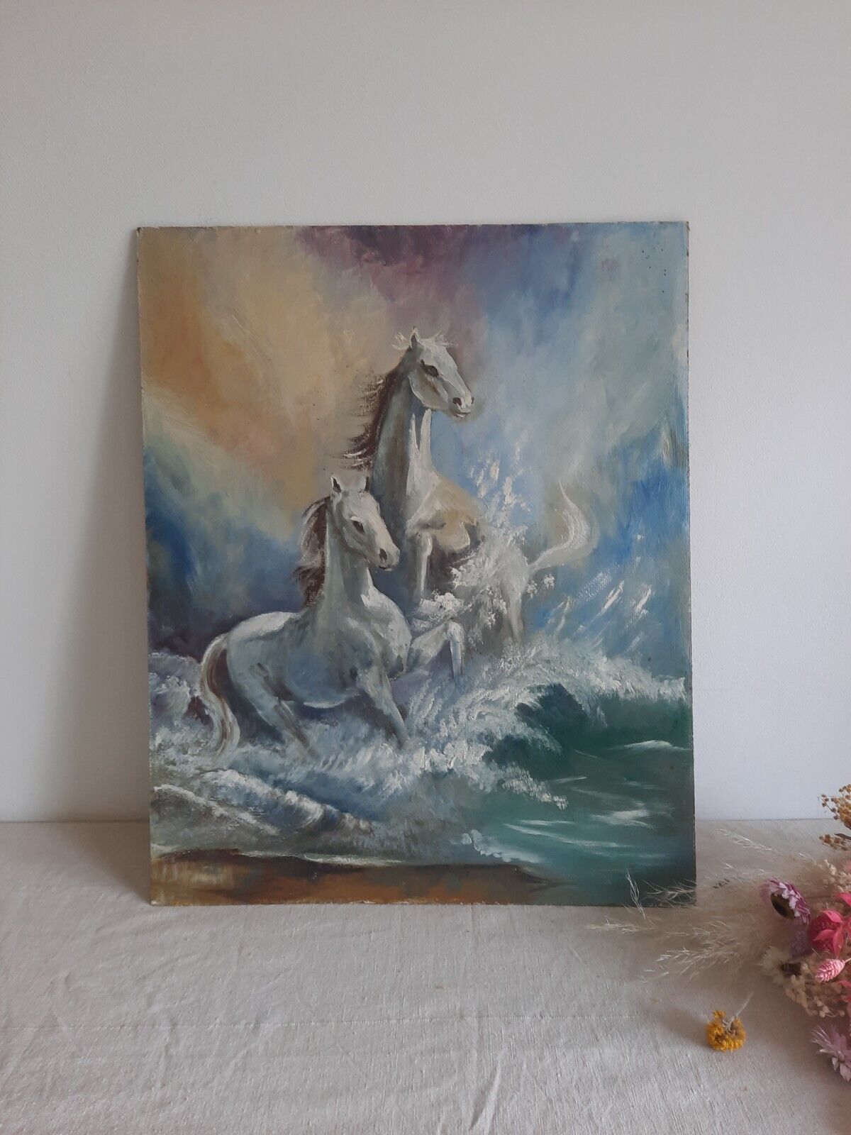 OIL ON BOARD EQUESTRIAN ARTIST SURREAL HORSES FANTASY ART MAGICAL WHIMSICAL OLD