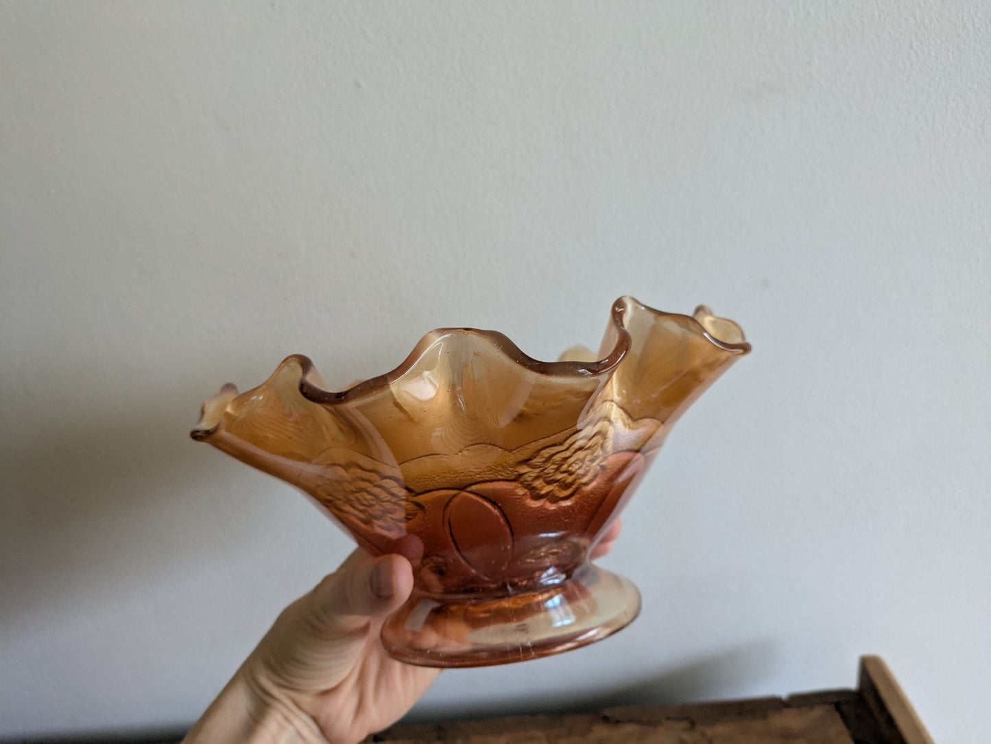 Carnival Glass Bowl Dugan Double Stem Rose Marigold/Peach Opal Iridescent C1917